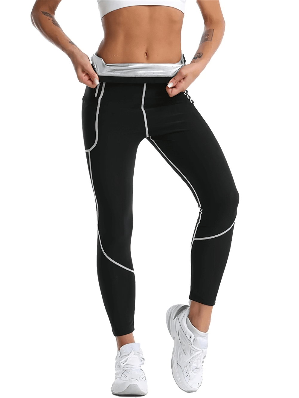 Person wearing black Thermo Leggings SF2250 for enhanced workout and fat burn, showcasing thermo weight loss technology.